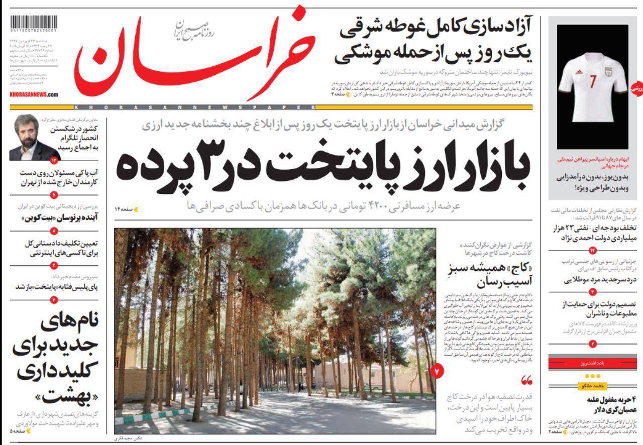 صفحه نخست روزنامه&zwnj;های خراسان رضوی دوشنبه ۲۷ فروردین