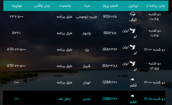 پرواز&zwnj;های فرودگاه بندرعباس دوشنبه ۲۷ فروردین سال ۹۷