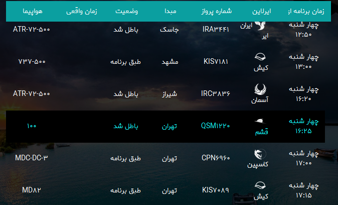 پرواز&zwnj;های فرودگاه بندرعباس چهار شنبه ۲۹ فروردین سال ۹۷