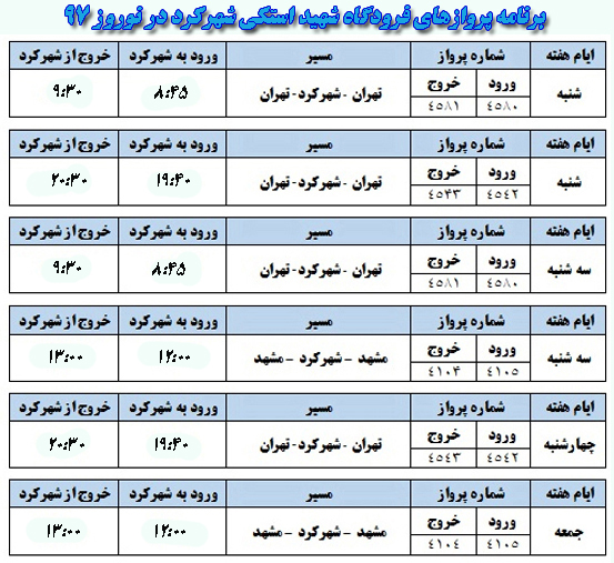برنامه پرواز&zwnj;های فرودگاه شهرکرد در نوروز ۹۷