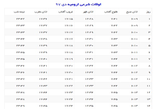 اوقات شرعی دی ماه ۱۳۹۷  به افق ارومیه