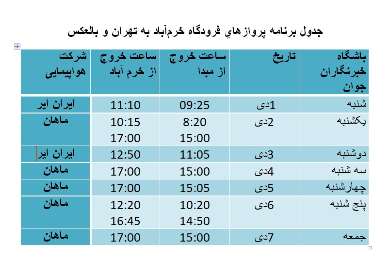 برنامه پرواز‌های فرودگاه خرم‌آباد از ۱ تا ۷ دی ماه