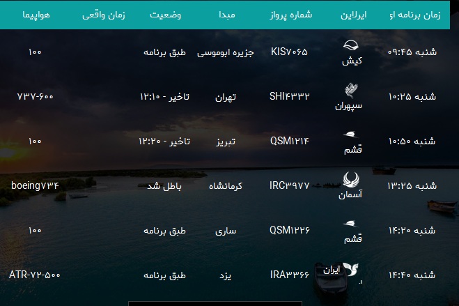پرواز&zwnj;های فرودگاه بندرعباس شنبه ۱دی ۹۷