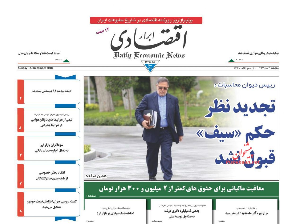 صفحه نخست روزنامه&zwnj;های اقتصادی ۲ دی ماه