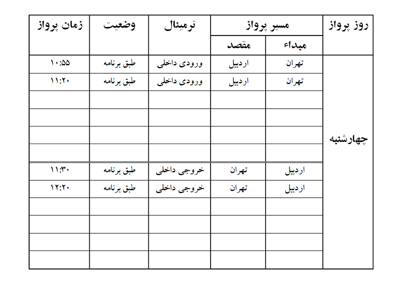 پرواز&zwnj;های فرودگاه اردبیل چهارشنبه ۱۲ دی ماه