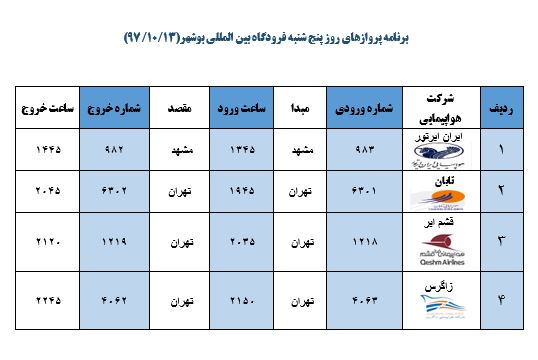 برنامه پروازهای فرودگاه بوشهر