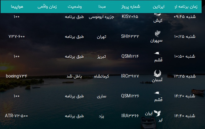 پرواز&zwnj;های فرودگاه بندرعباس شنبه ۱۵ دی ۹۷