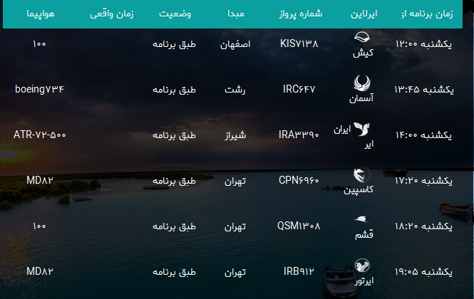 پرواز&zwnj;های فرودگاه بندرعباس یکشنبه ۱۶ دی ۹۷