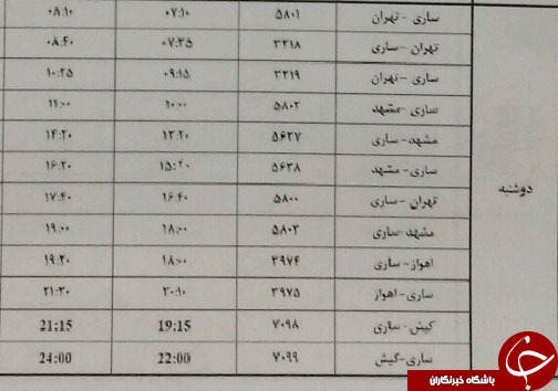 پرواز&zwnj;های دوشنبه ۱۷ دی ماه فرودگاه&zwnj;های مازندران