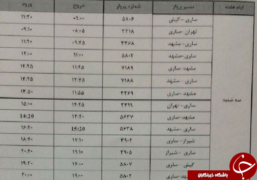 پرواز&zwnj;های سه شنبه ۱۸ دی ماه فرودگاه&zwnj;های مازندران
