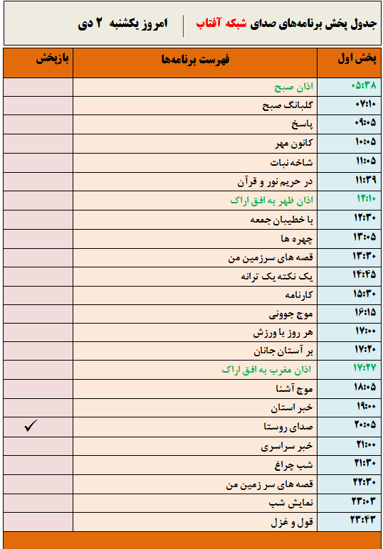 برنامه&zwnj;های صدای شبکه آفتاب در  دوم دیماه ۹۷