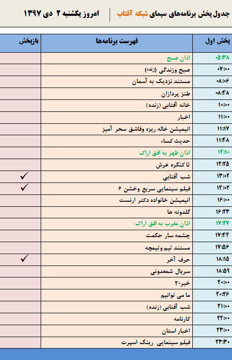 برنامه&zwnj;های سیمای شبکه آفتاب در دوم دیماه ۹۷