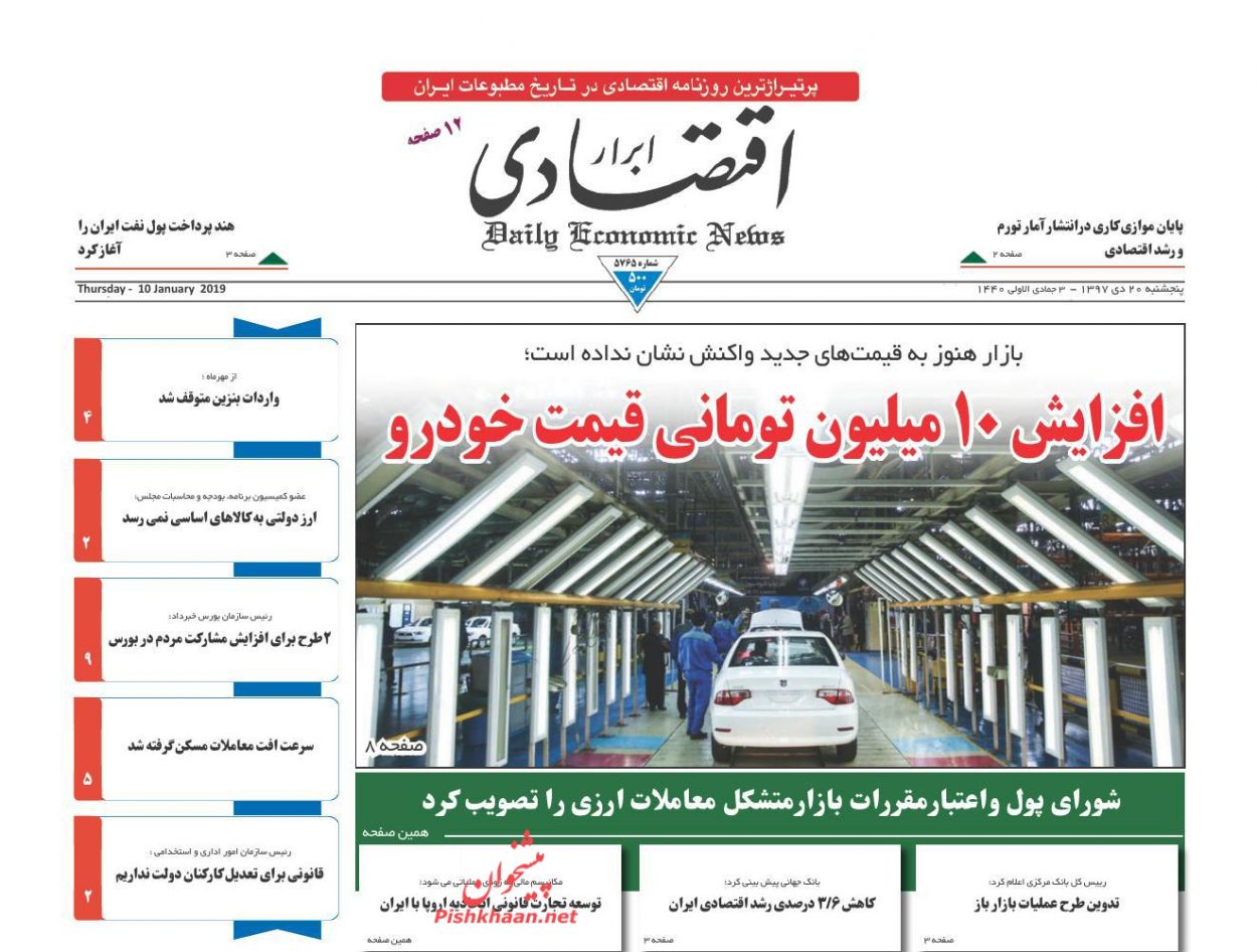 صفحه نخست روزنامه&zwnj;های اقتصادی ۲۰ دی ماه
