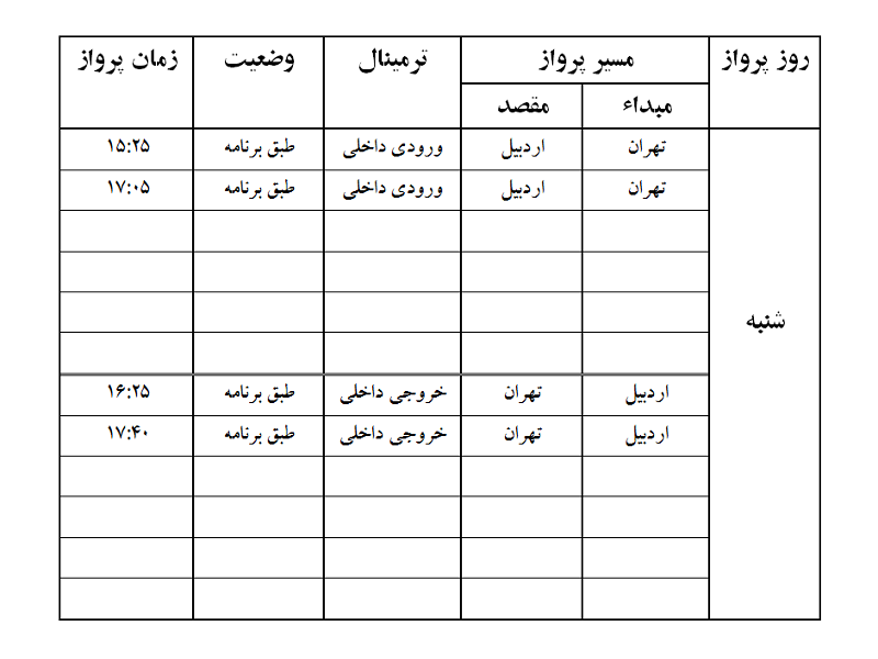 پرواز&zwnj;های فرودگاه اردبیل شنبه ۲۲ دی ماه