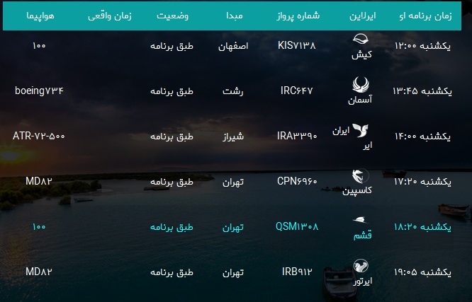 پرواز&zwnj;های فرودگاه بندرعباس یکشنبه ۲۳ دی ۹۷