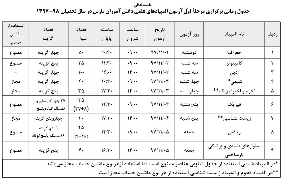 اعلام جدول آزمون المپیاد علمی دانش آموزان