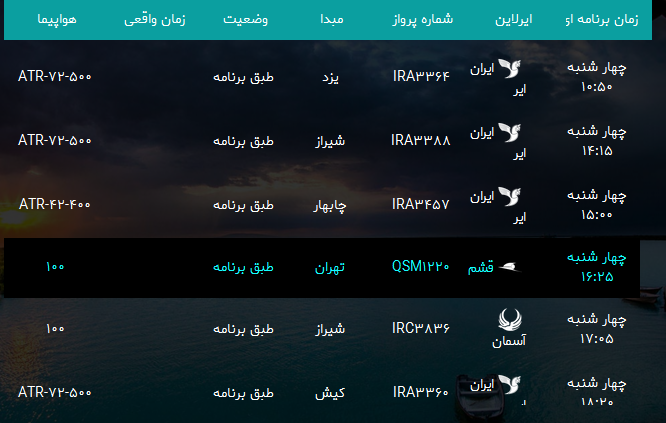 پرواز&zwnj;های فرودگاه بندرعباس چهارشنبه ۲۶ دی ۹۷
