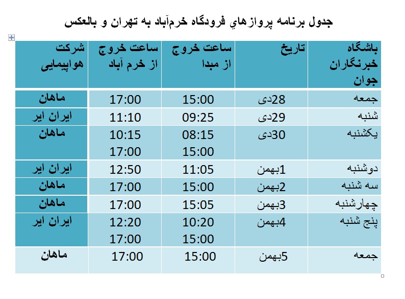 برنامه پرواز‌های فرودگاه خرم‌آباد از ۲۸ دی ماه تا ۵ بهمن ماه