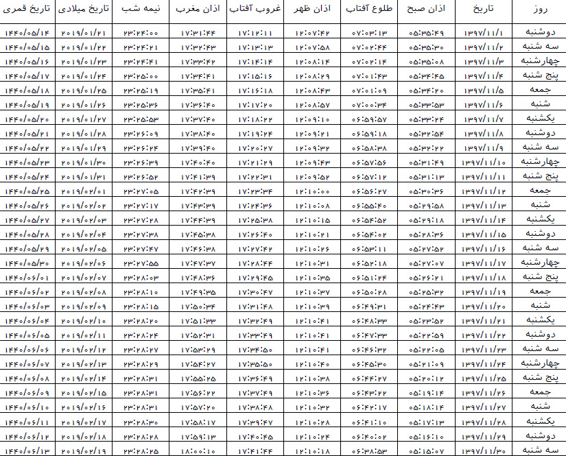 اوقات شرعی بهمن ماه ۹۷ به افق سمنان