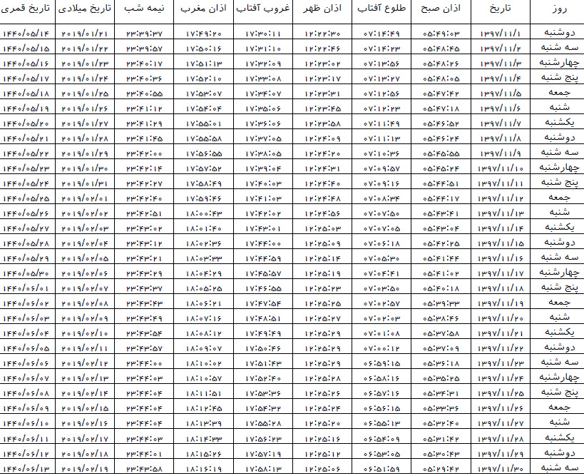 اوقات شرعی بهمن ماه ۹۷ به افق اراک