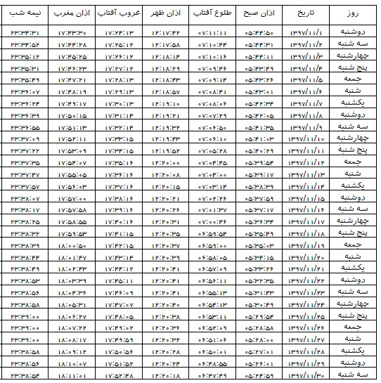 اوقات شرعی بهمن ۱۳۹۷ استان قم