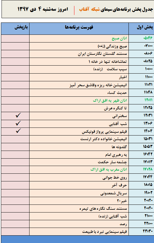 برنامه&zwnj;های سیمای شبکه آفتاب در چهارم دیماه ۹۷