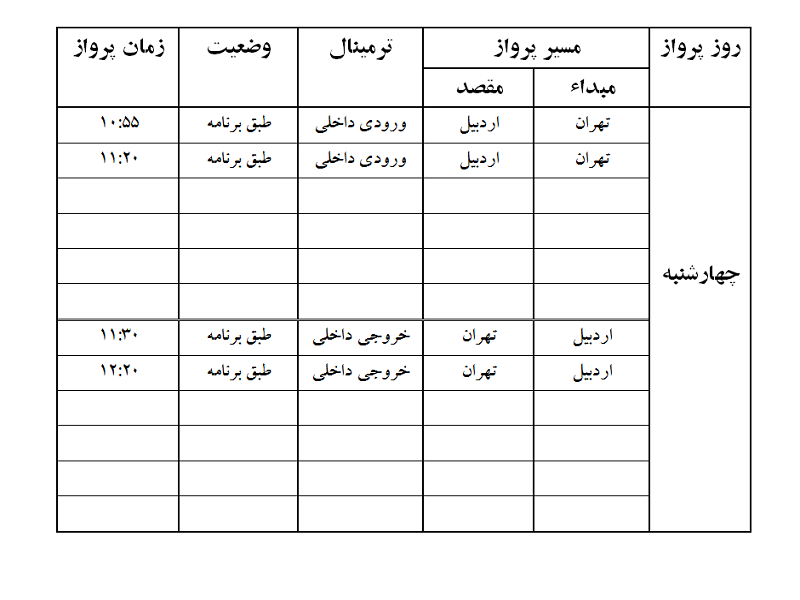 پروازهای فرودگاه اردبیل چهارشنبه 5 دی ماه