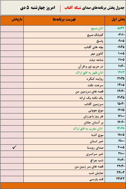 برنامه&zwnj;های صدای شبکه آفتاب در پنجم دیماه ۹۷