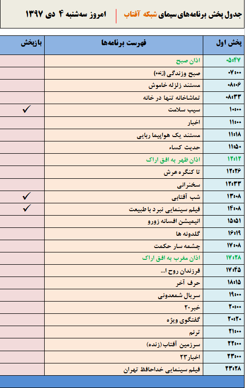 برنامه&zwnj;های سیمای شبکه آفتاب در پنجم دیماه ۹۷