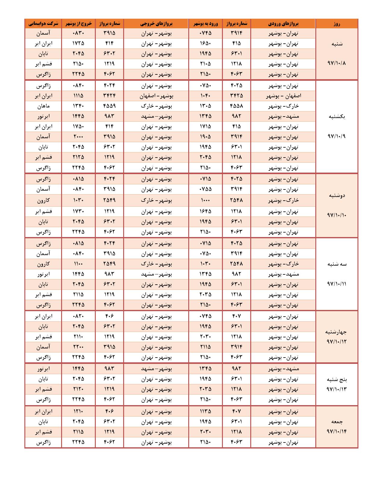 برنامه&zwnj; پروازهای هفتگی فرودگاه بوشهر