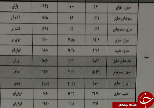پرواز&zwnj;های چهارشنبه ۱۰ بهمن ماه فرودگاه&zwnj;های مازندران