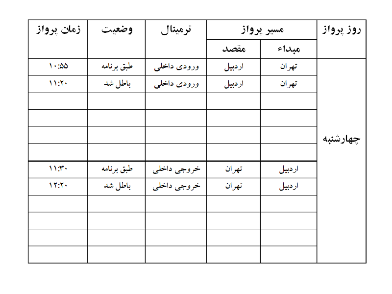 پرواز&zwnj;های فرودگاه اردبیل چهارشنبه ۱۰ بهمن ماه