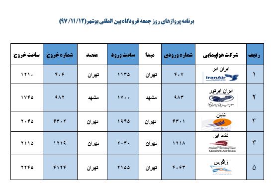 جدول پروازهای فرودگاه بوشهر