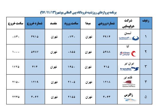 جدول پروازهای فرودگاه بوشهر