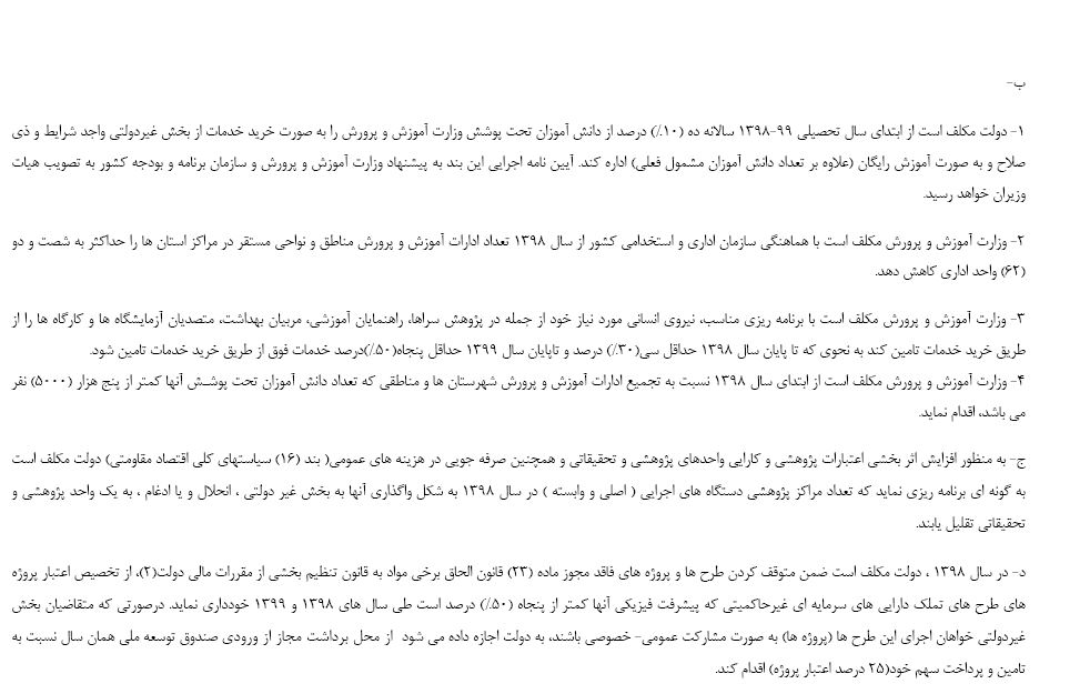 تبصره 21 لایحه بودجه سال 98 حذف شد