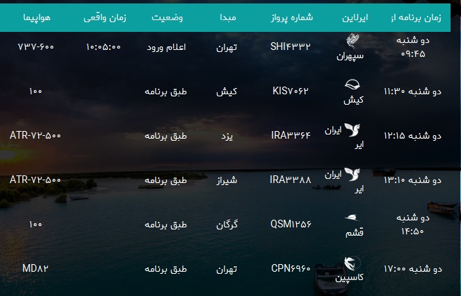 پرواز&zwnj;های فرودگاه بندرعباس دوشنبه ۱۵ بهمن۹۷
