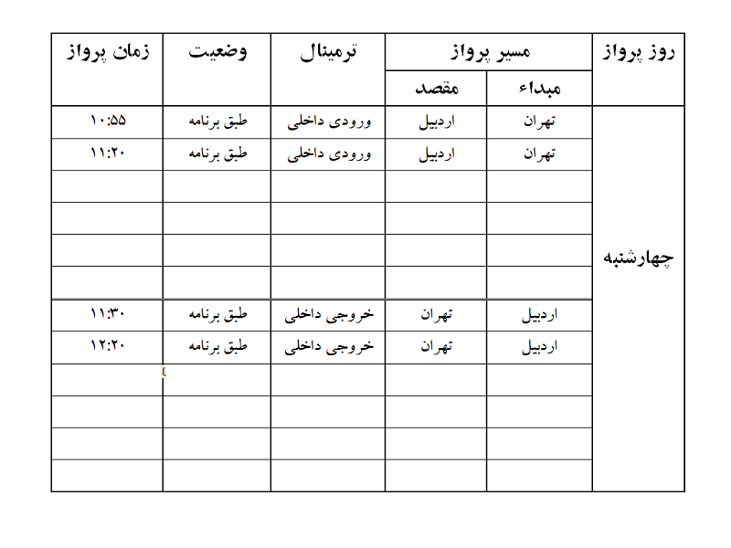 پرواز&zwnj;های فرودگاه اردبیل چهارشنبه ۱۷ بهمن ماه