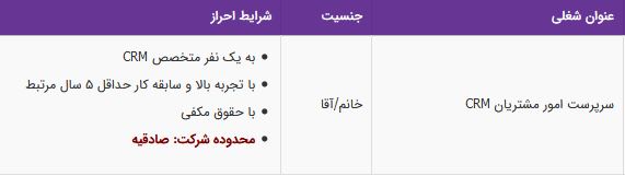 استخدام سرپرست امور مشتریان CRM/از ساکنین تهران و البرز