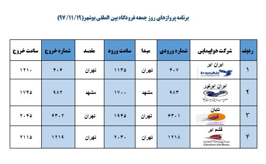 برنامه امروز پروازهای فرودگاه بوشهر