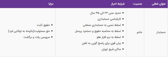استخدام حسابدار خانم با مزایا در یک شرکت معتبر در تهران