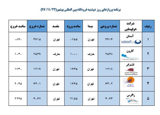 جدول پروازهای فرودگاه بوشهر