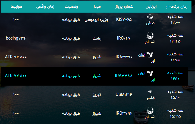 پرواز&zwnj;های فرودگاه بندرعباس سه شنبه ۲۳ بهمن۹۷