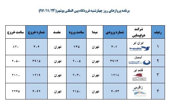 جدول پروازهای فرودگاه بوشهر