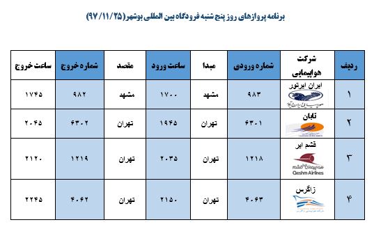 برنامه پروازهای فرودگاه بوشهر