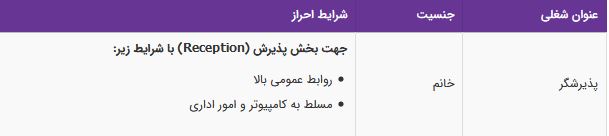 استخدام پذیرشگر خانم در یک شرکت معتبر در تهران
