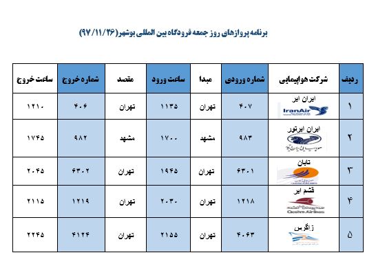 جدول پروازهای فرودگاه بوشهر