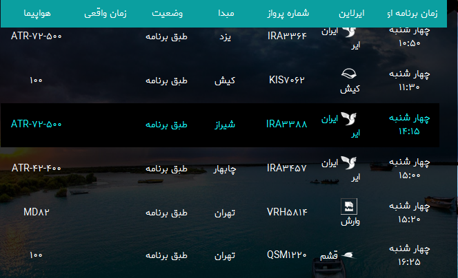 پرواز&zwnj;های فرودگاه بندرعباس چهارشنبه ۳ بهمن۹۷