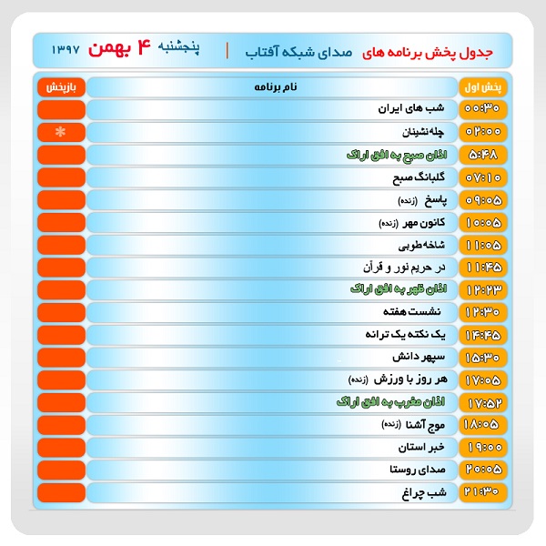 برنامههای صدای شبکه آفتاب در چهارم بهمن ماه ۹۷ برنامههای صدای شبکه آفتاب در چهارم بهمن ماه ۹۷