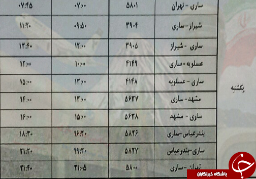 پرواز&zwnj;های یکشنبه ۷ بهمن ماه فرودگاه&zwnj;های مازندران