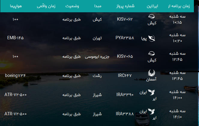 پرواز&zwnj;های فرودگاه بندرعباس سه شنبه ۹ بهمن۹۷